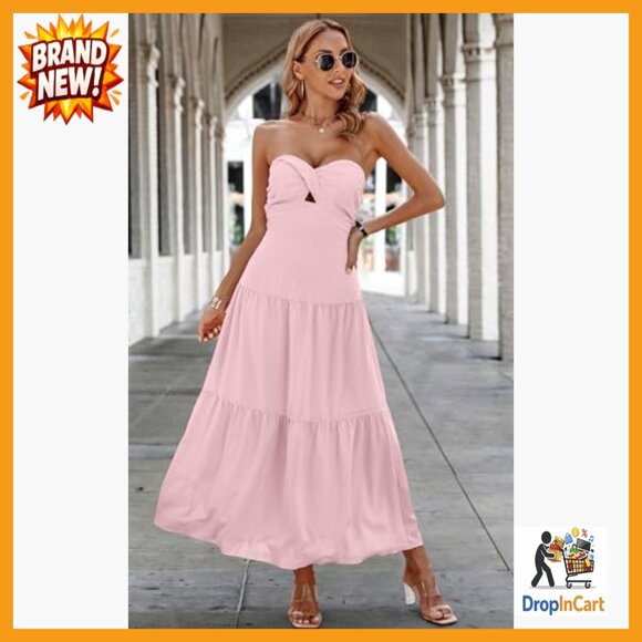 Strapless Maxi Dress Off Shoulder Hollow Out Smocked A Line Summer Elegant - Picture 2 of 7